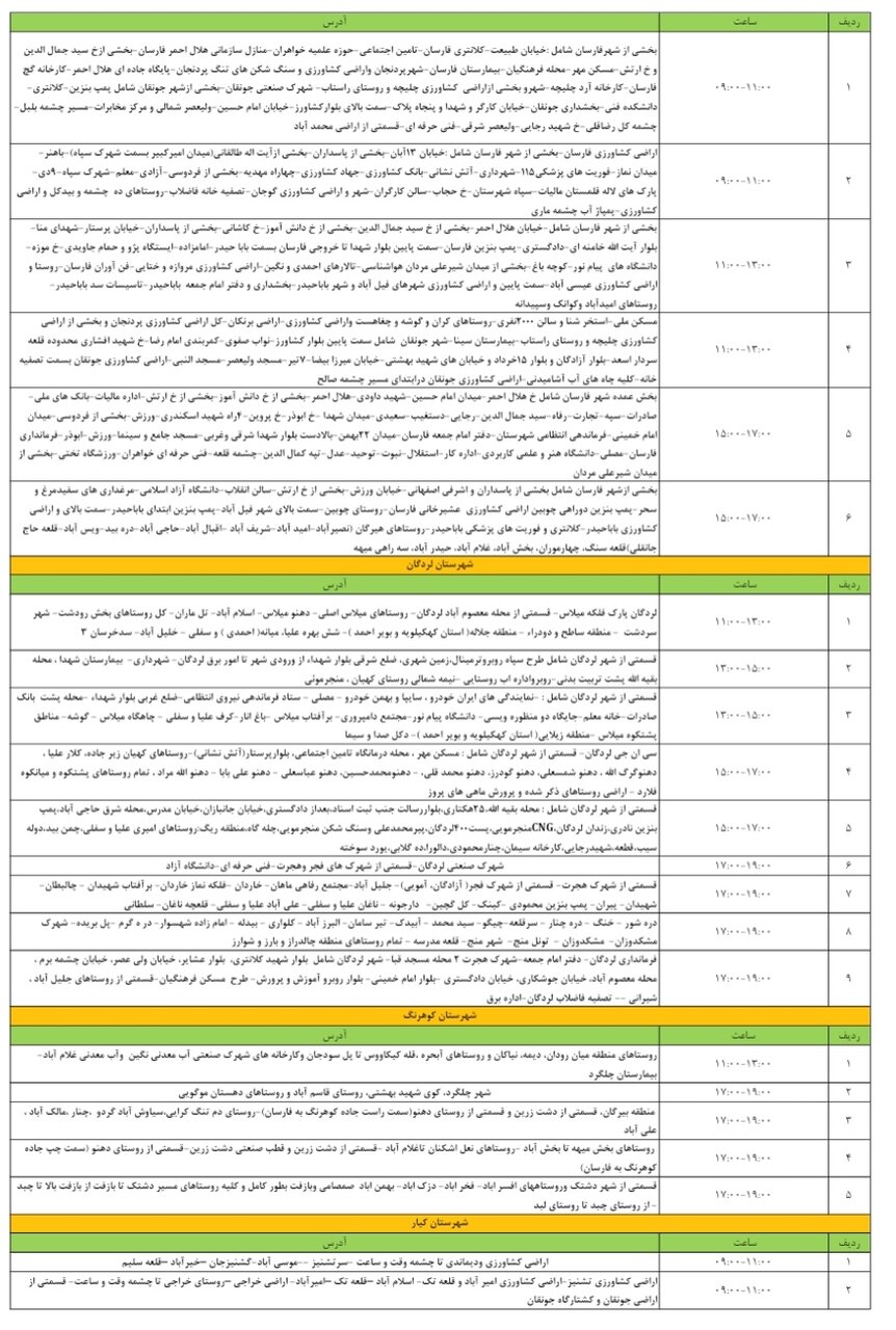 برنامه قطعی برق چهارمحال‌ و بختیاری‌ چهارشنبه ۸ مرداد + جدول