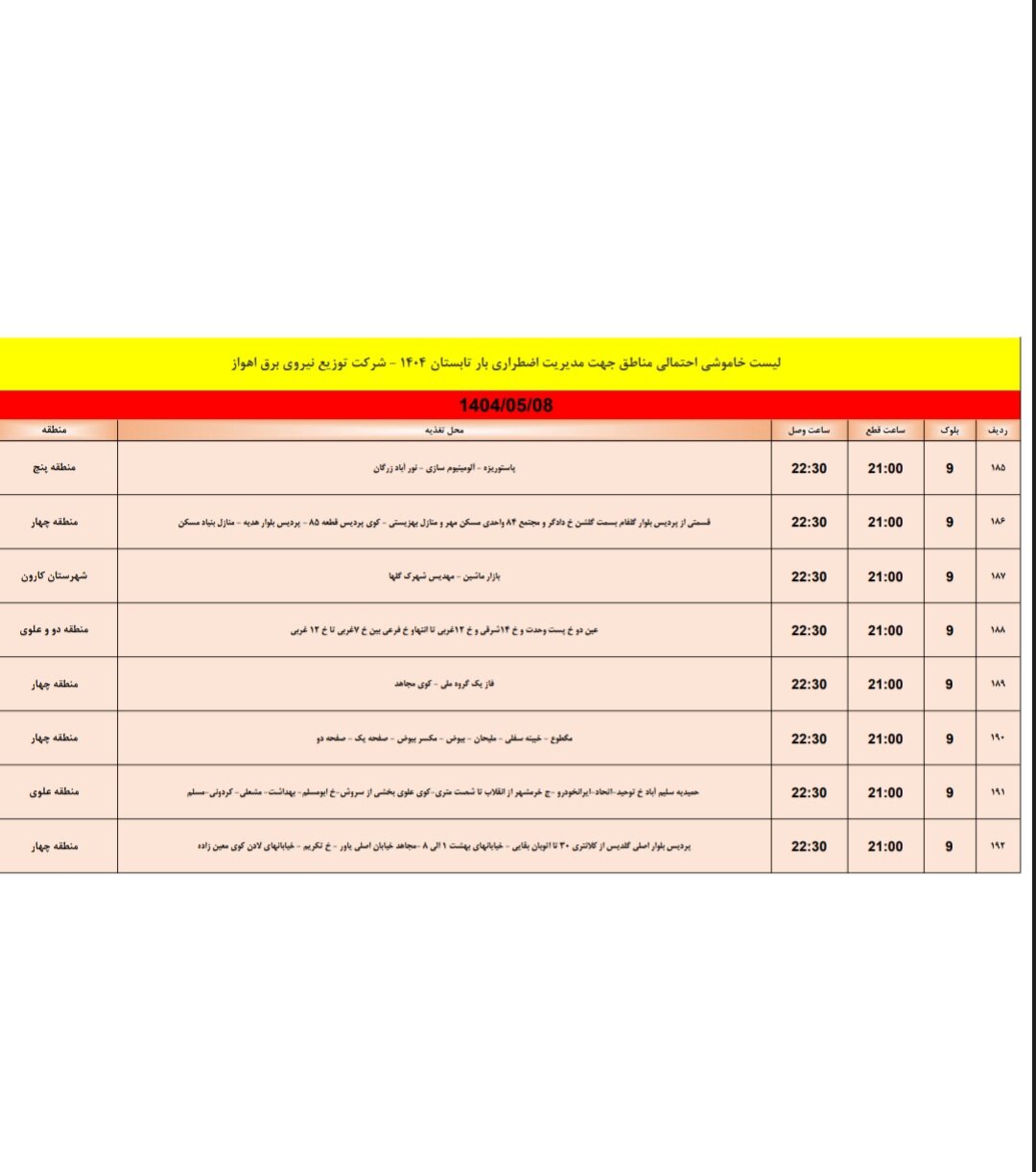 جدول خاموشی برق اهواز چهارشنبه ۸ مرداد