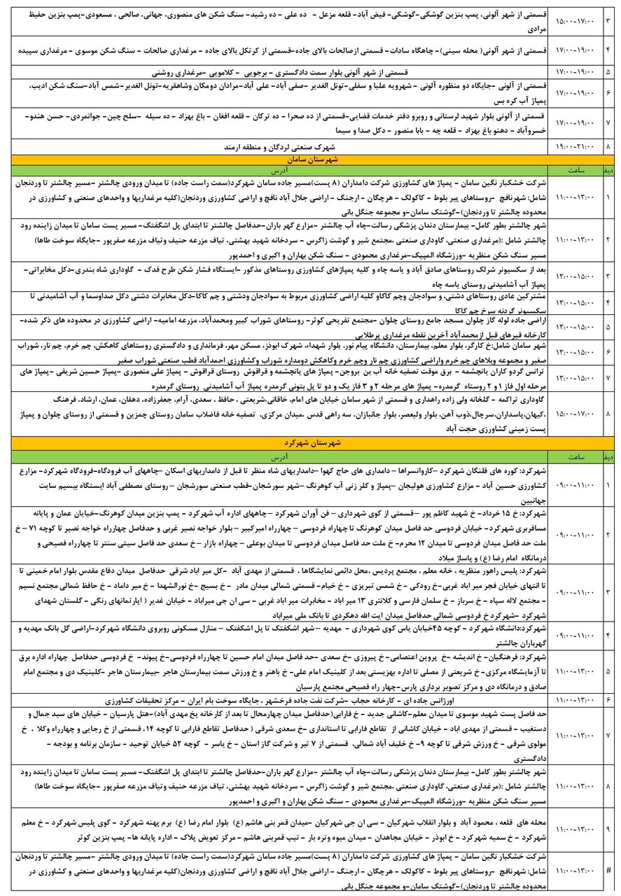 برنامه قطعی برق چهارمحال و بختیاری پنجشنبه ۹ مرداد + جدول