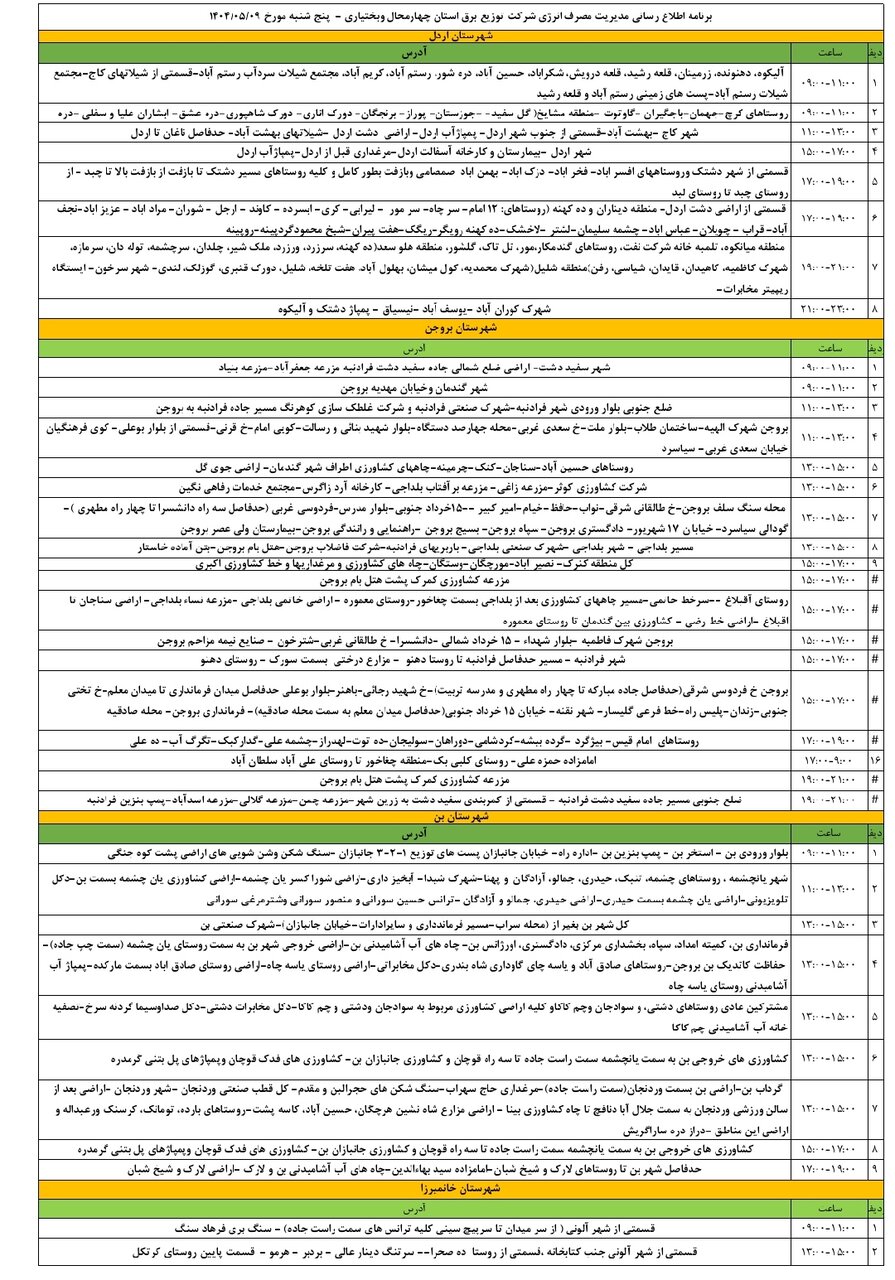 برنامه قطعی برق چهارمحال و بختیاری پنجشنبه ۹ مرداد + جدول