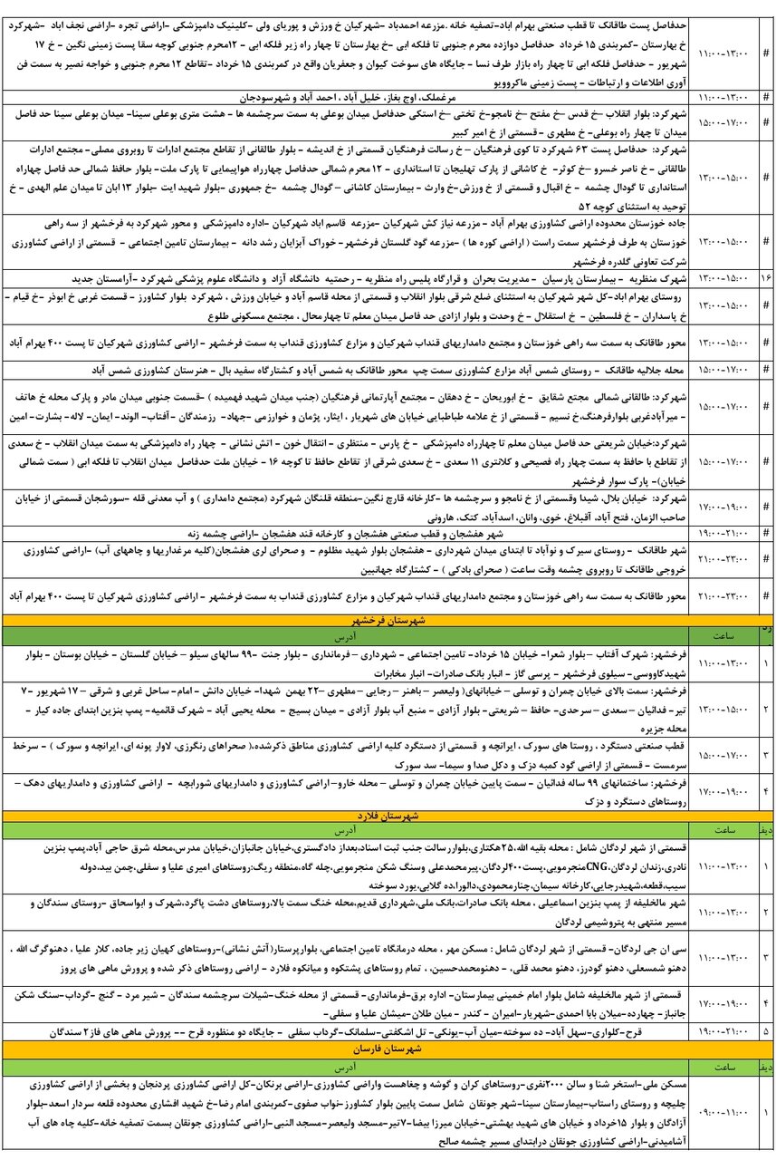 برنامه قطعی برق چهارمحال‌ و بختیاری‌ پنجشنبه ۹ مرداد + جدول