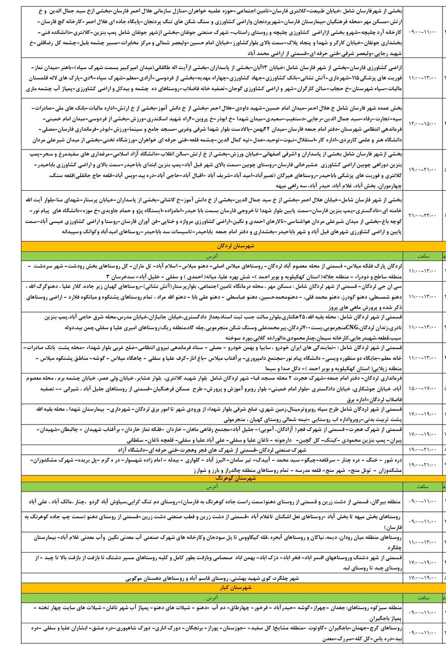 برنامه قطعی برق چهارمحال‌ و بختیاری‌ پنجشنبه ۹ مرداد + جدول