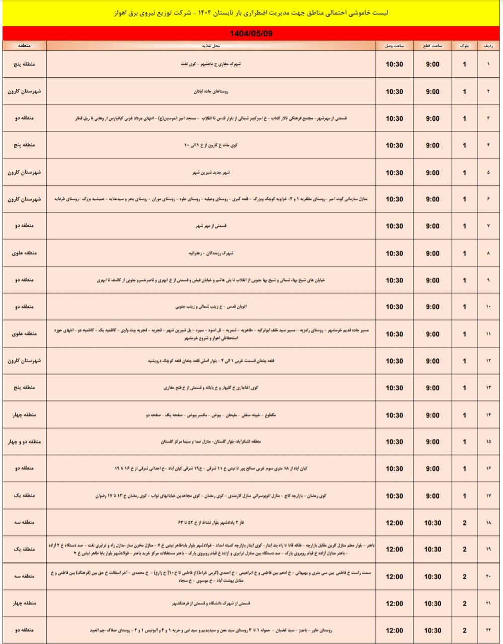 جدول خاموشی برق اهواز پنجشنبه ۹ آذر