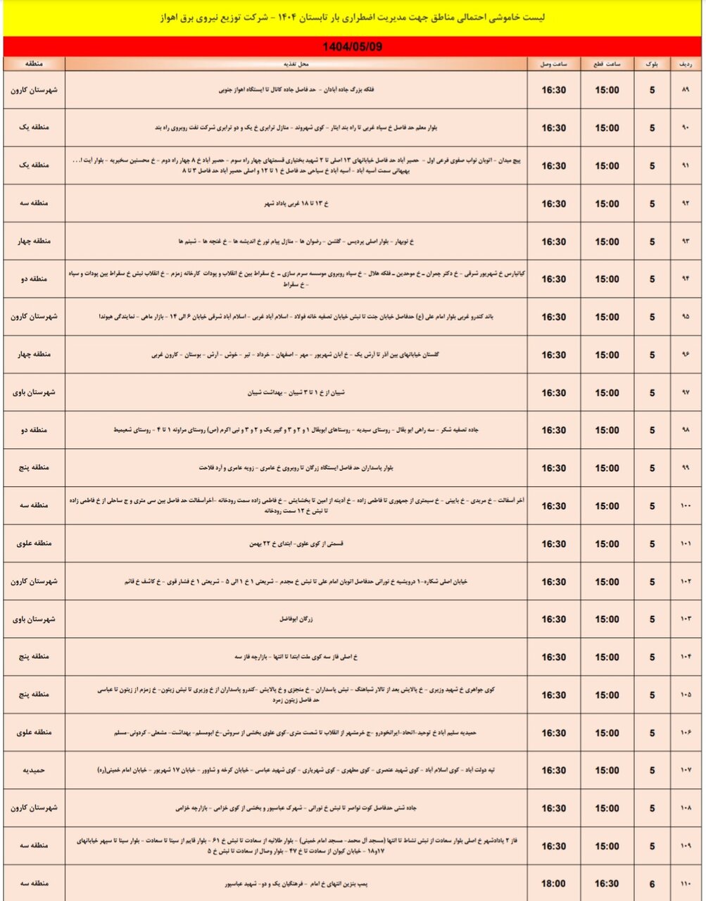 جدول خاموشی برق اهواز پنجشنبه ۹ آذر