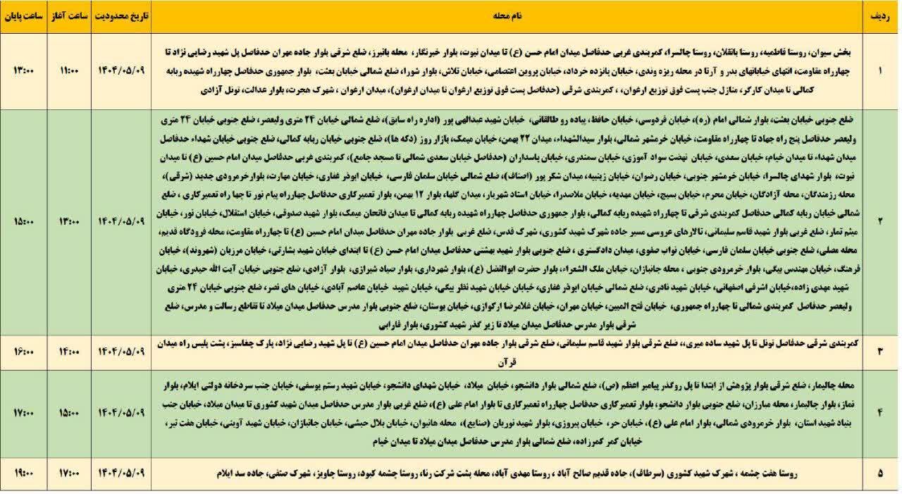 برنامه قطعی برق ایلام امروز پنجشنبه ۹ مرداد + جدول