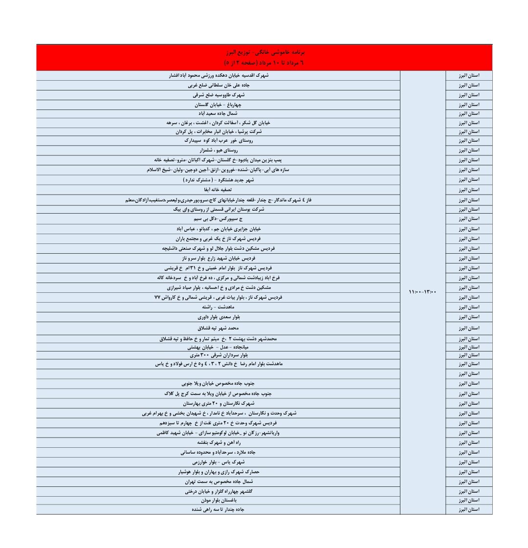 جدول قطعی برق استان البرز امروز پنجشنبه ۹ مرداد ۱۴۰۴ + لیست مناطق