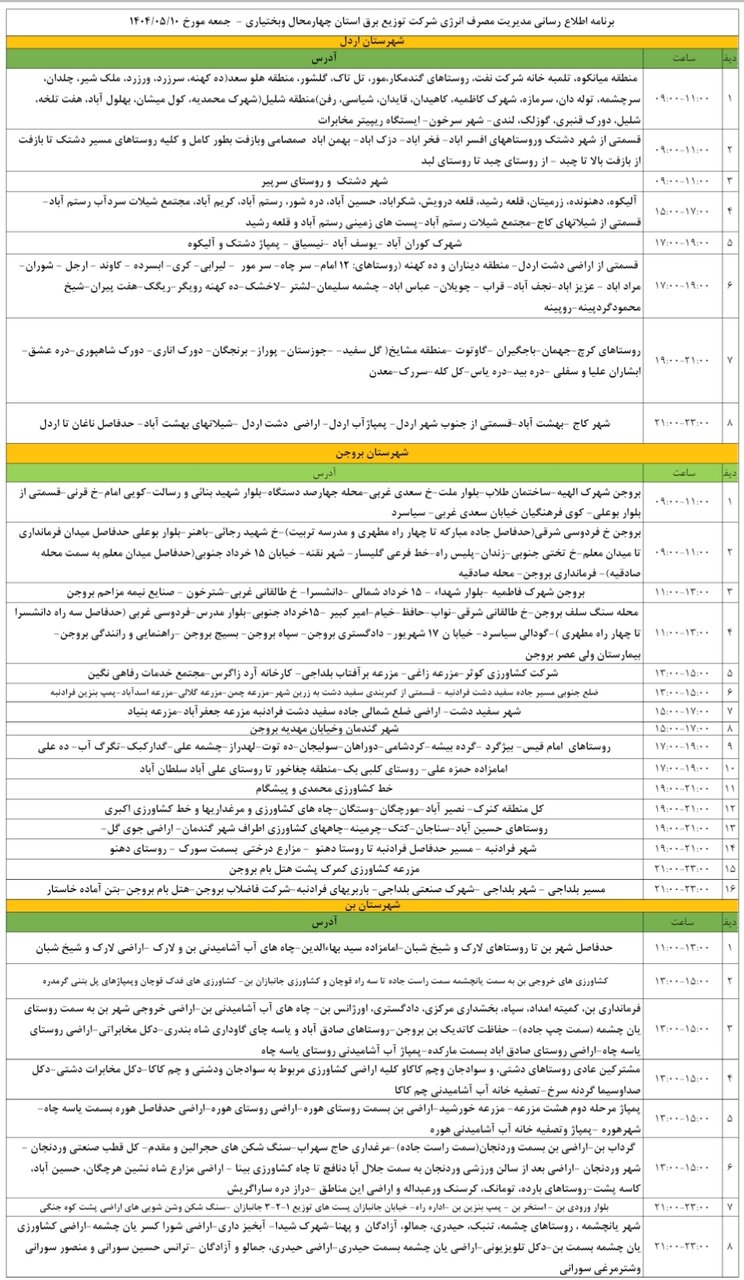 برنامه قطعی برق چهارمحال و بختیاری جمعه ۱۰ مرداد + جدول