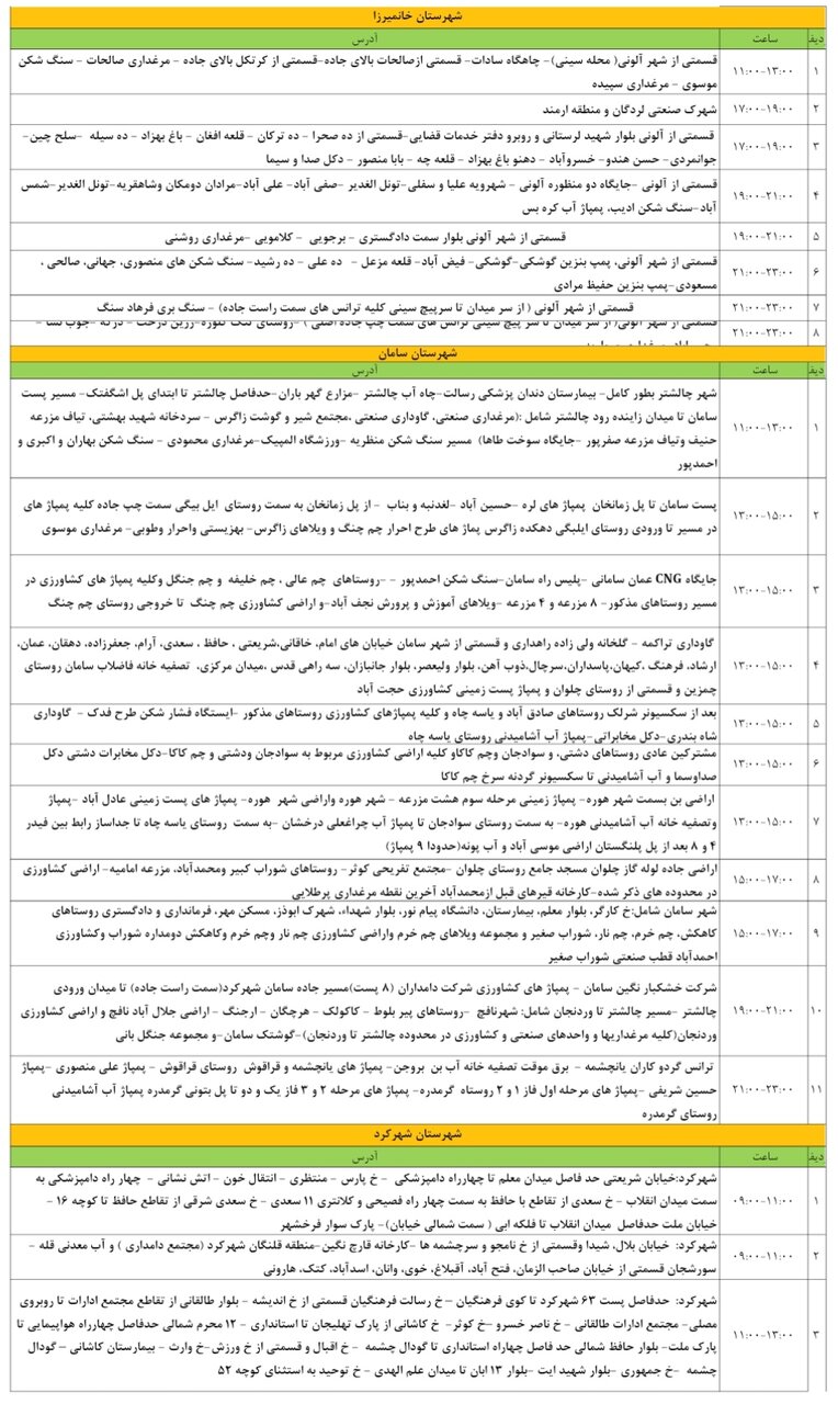 برنامه قطعی برق چهارمحال‌ و بختیاری‌ جمعه ۱۰  مرداد + جدول
