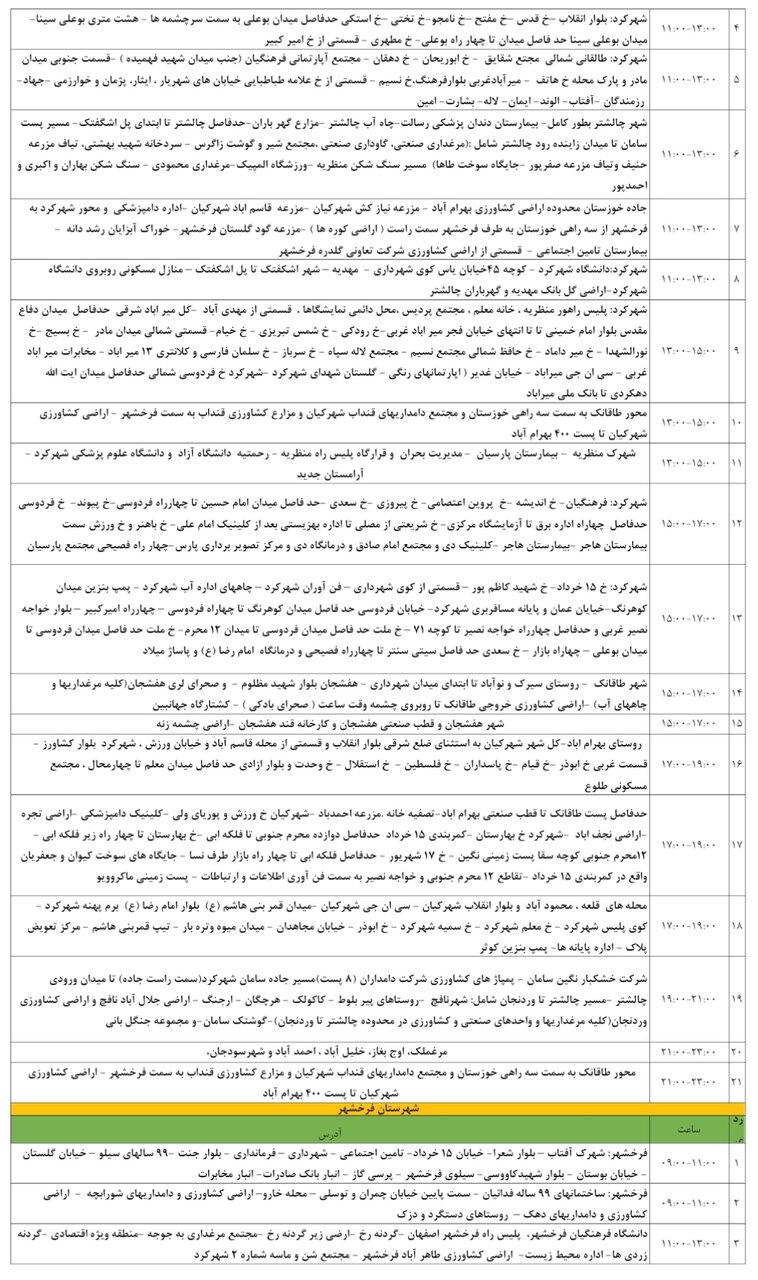 برنامه قطعی برق چهارمحال‌ و بختیاری‌ جمعه ۱۰  مرداد + جدول