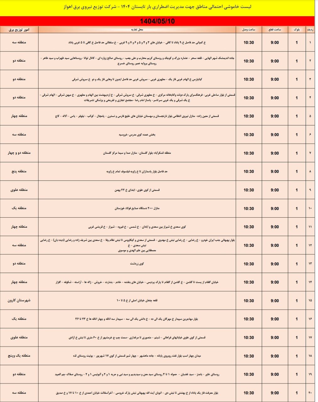 جدول خاموشی برق اهواز جمعه ۱۰ مرداد