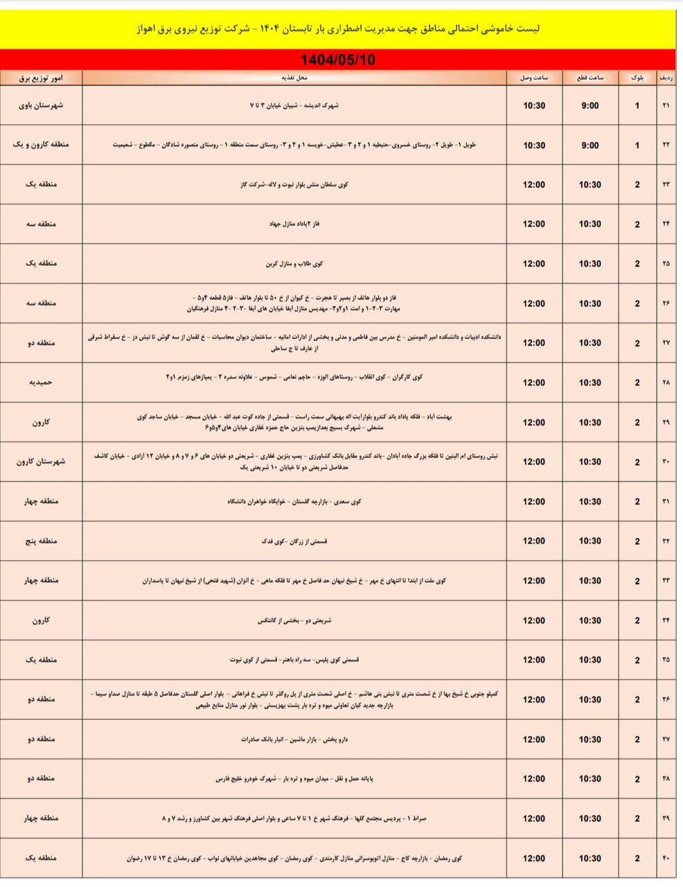 جدول خاموشی برق اهواز جمعه ۱۰ مرداد