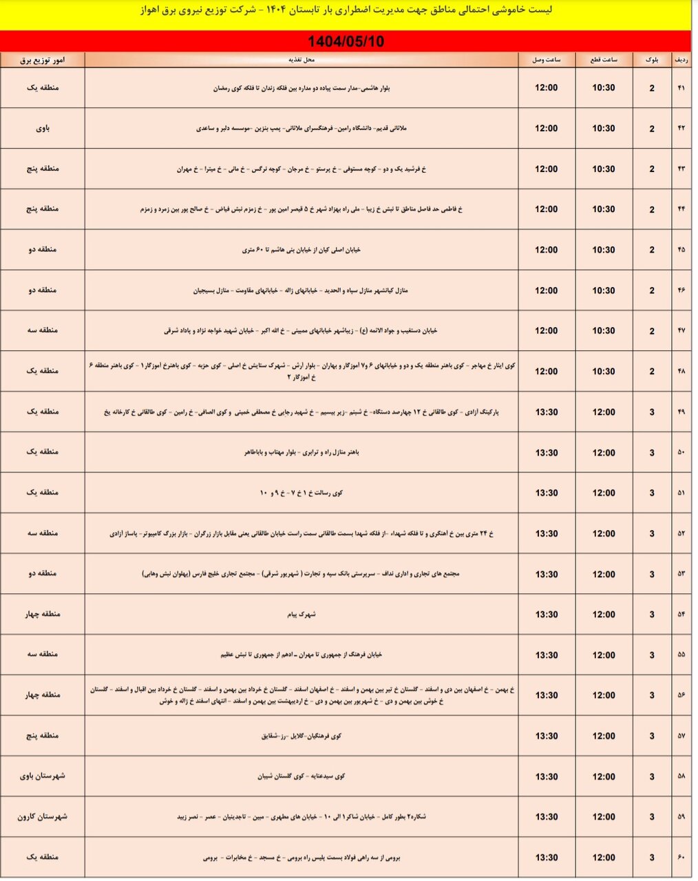 جدول خاموشی برق اهواز جمعه ۱۰ مرداد