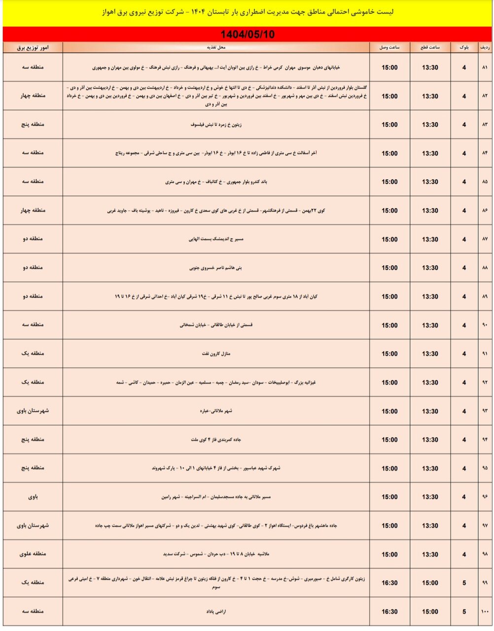 جدول خاموشی برق اهواز جمعه ۱۰ مرداد