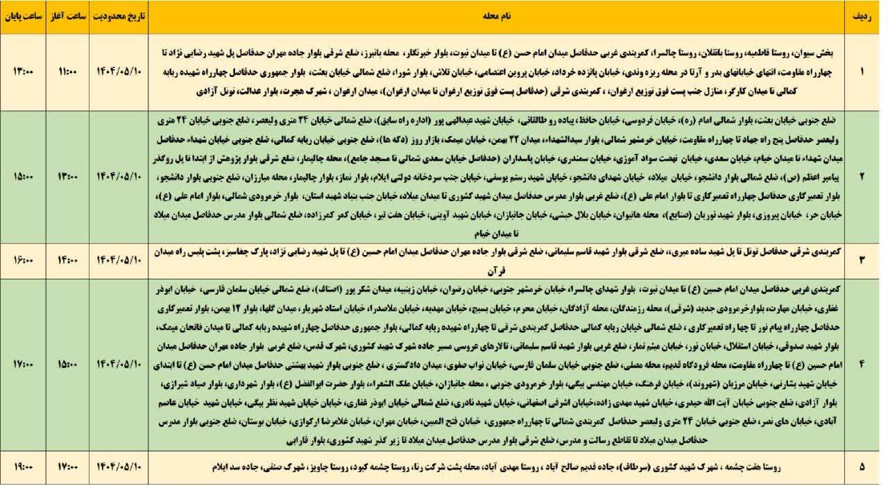 برنامه قطعی برق ایلام امروز جمعه ۱۰ مرداد + جدول