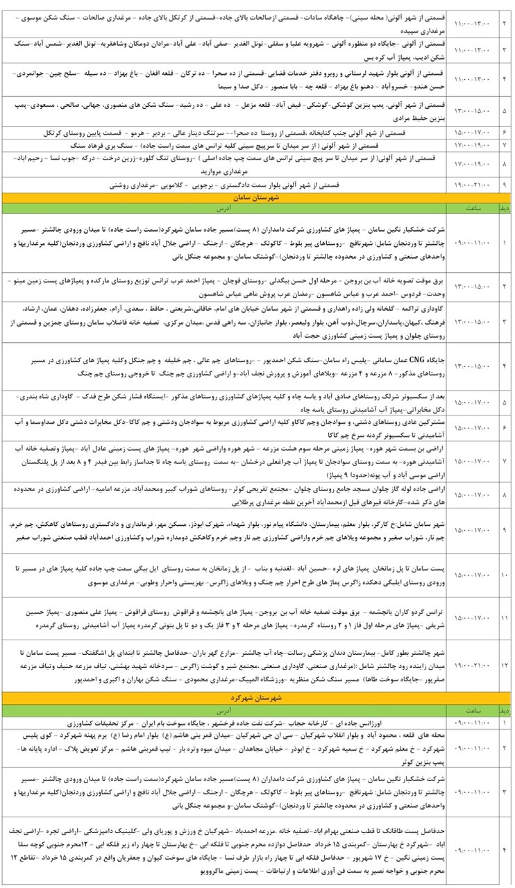برنامه قطعی برق چهارمحال‌ و بختیاری‌ شنبه ۱۱ مرداد + جدول