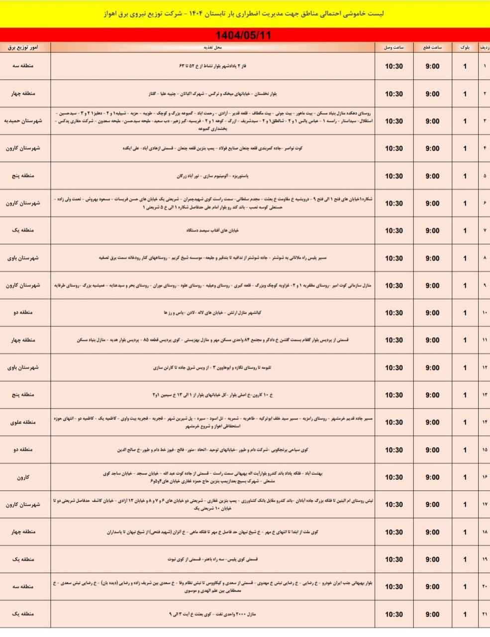 جدول خاموشی برق اهواز شنبه ۱۱ مرداد