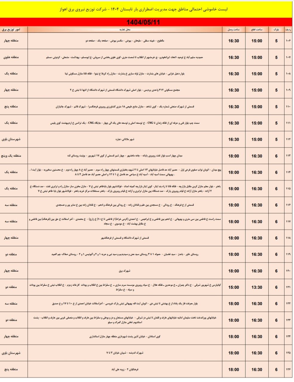 جدول خاموشی برق اهواز شنبه ۱۱ مرداد