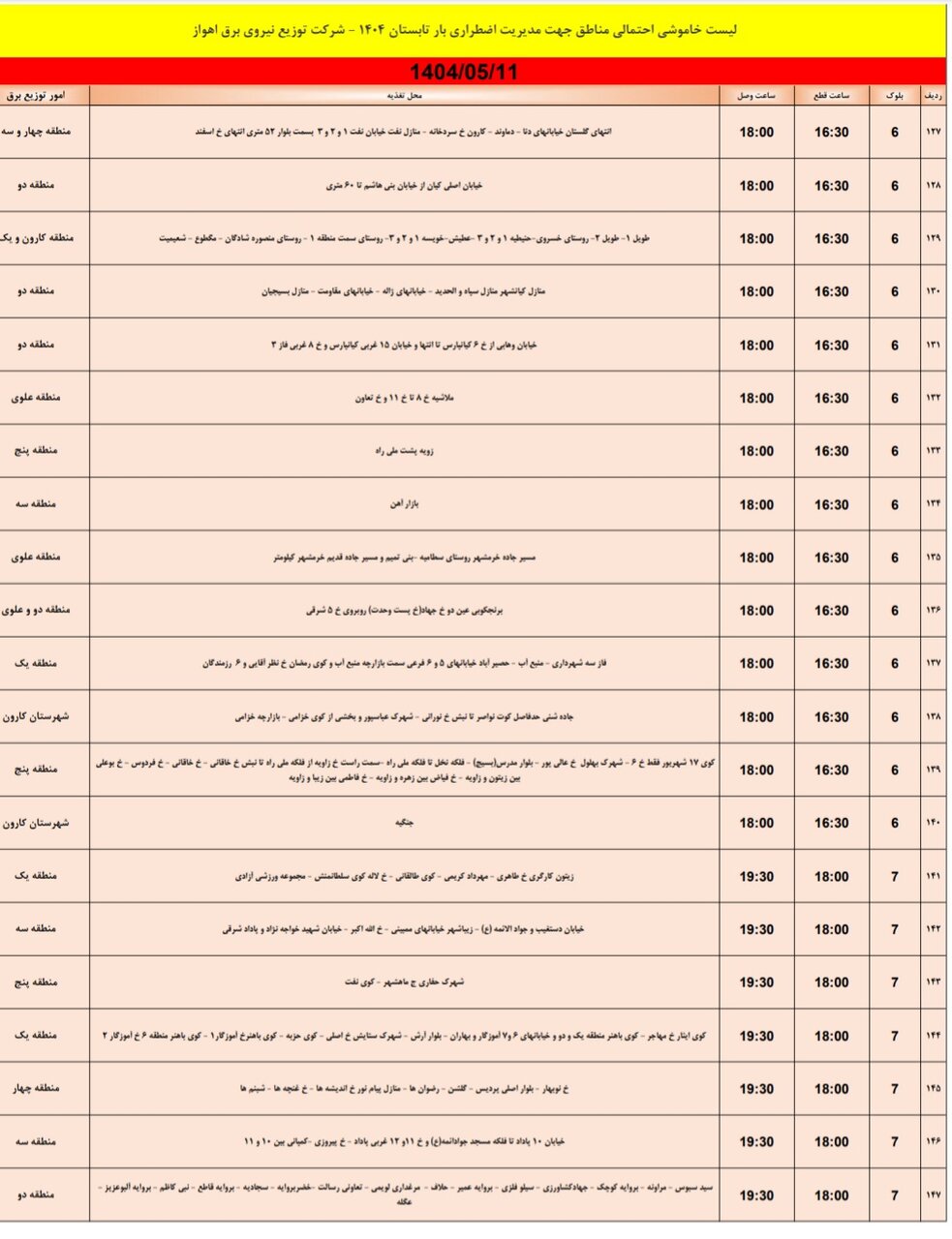 جدول خاموشی برق اهواز شنبه ۱۱ مرداد