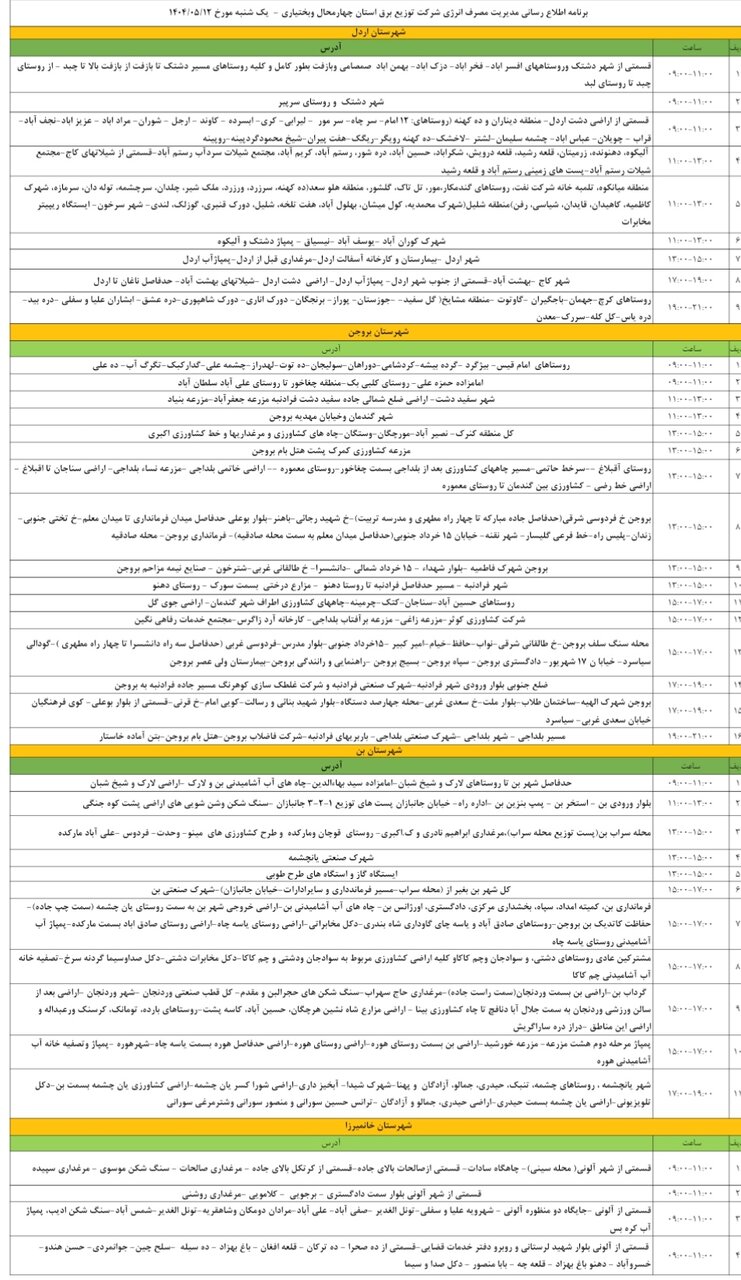 برنامه قطعی برق چهارمحال و بختیاری یکشنبه ۱۲ مرداد + جدول