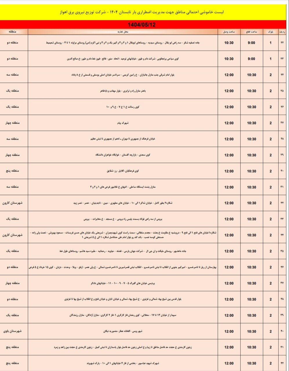 جدول خاموشی برق اهواز یکشنبه۱۲ مرداد