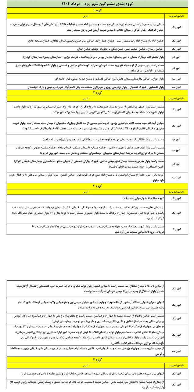 جدول خاموشی برق خانگی یزد سهشنبه ۱۴ مرداد ۱۴۰۴/ زمانبندی قطعی برق ۳ ساعته گروههای مختلف