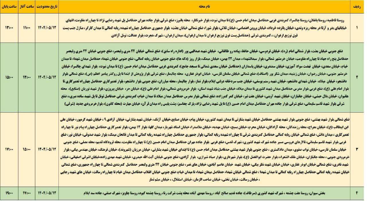 جدول قطعی برق استان ایلام امروز یکشنبه ۱۲ مرداد ۱۴۰۴