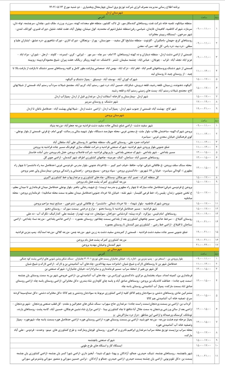 برنامه قطعی برق چهارمحال و بختیاری دوشنبه ۱۳ مرداد + جدول