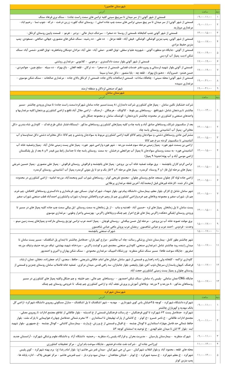 برنامه قطعی برق چهارمحال و بختیاری دوشنبه ۱۳ مرداد + جدول