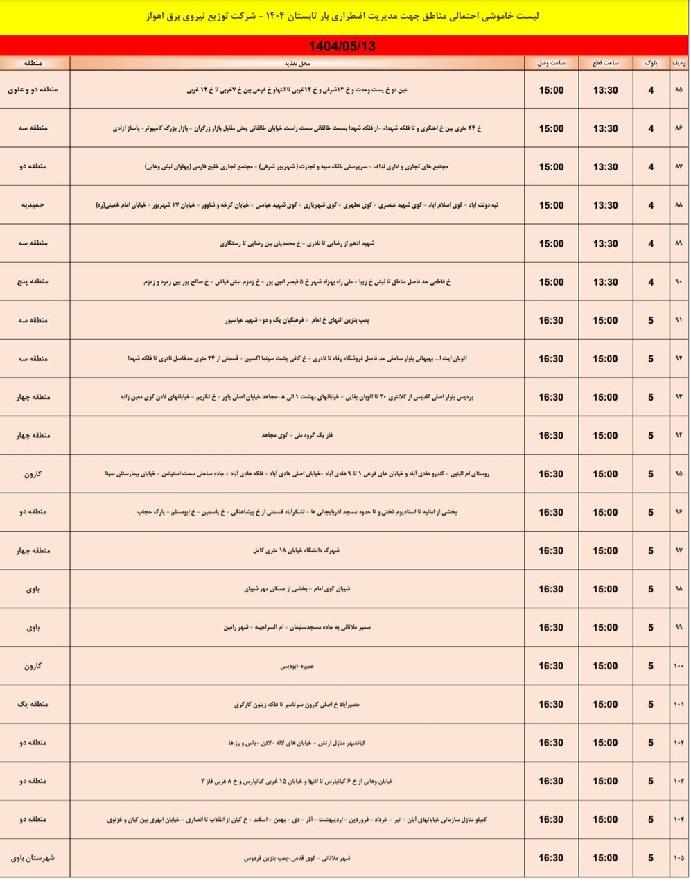 جدول خاموشی برق اهواز دوشنبه ۱۳ مرداد