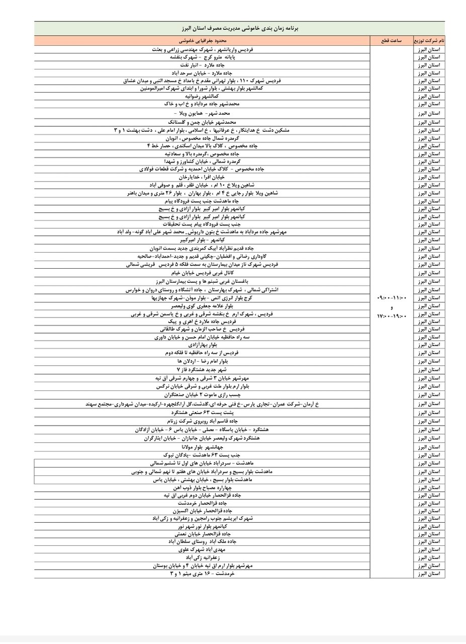 برنامه قطعی برق البرز امروز دوشنبه ۱۳ مرداد ۱۴۰۴ + لیست مناطق
