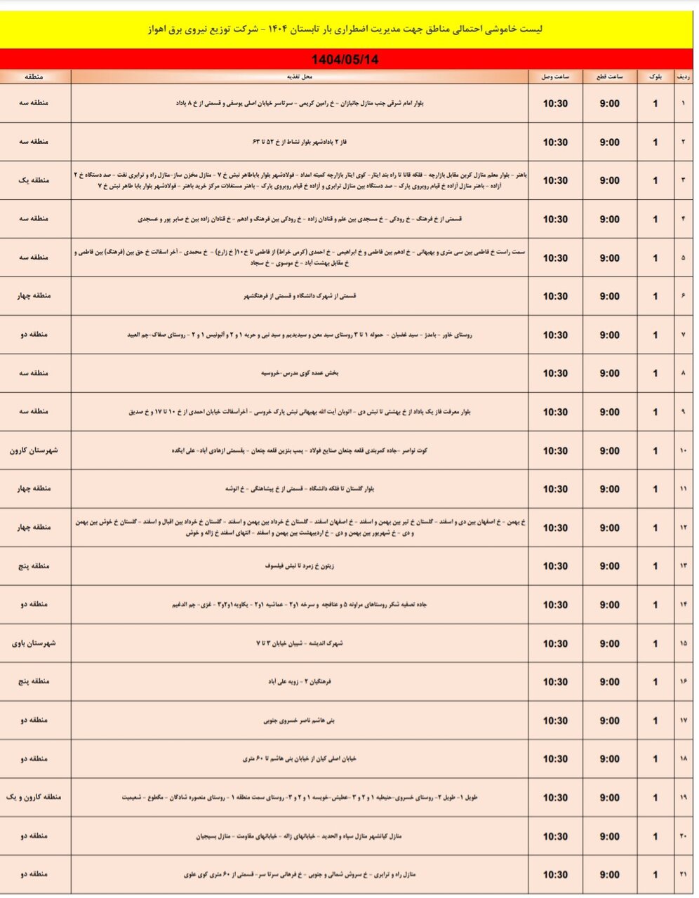 جدول خاموشی برق اهواز سه‌شنبه۱۴ مرداد