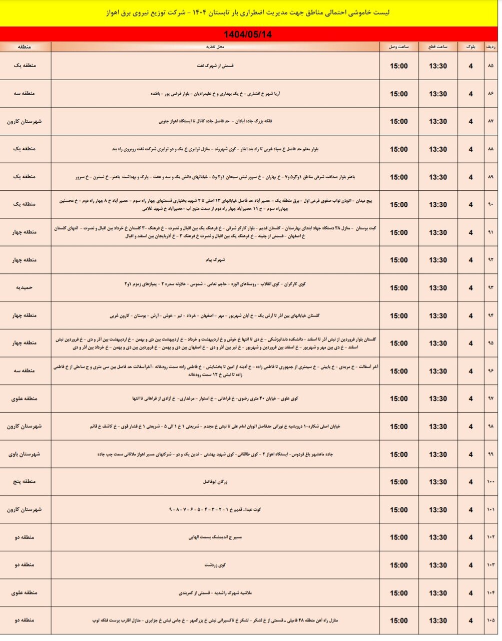 جدول خاموشی برق اهواز سهشنبه۱۴ مرداد