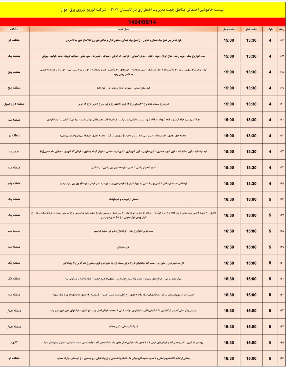 جدول خاموشی برق اهواز سه‌شنبه۱۴ مرداد