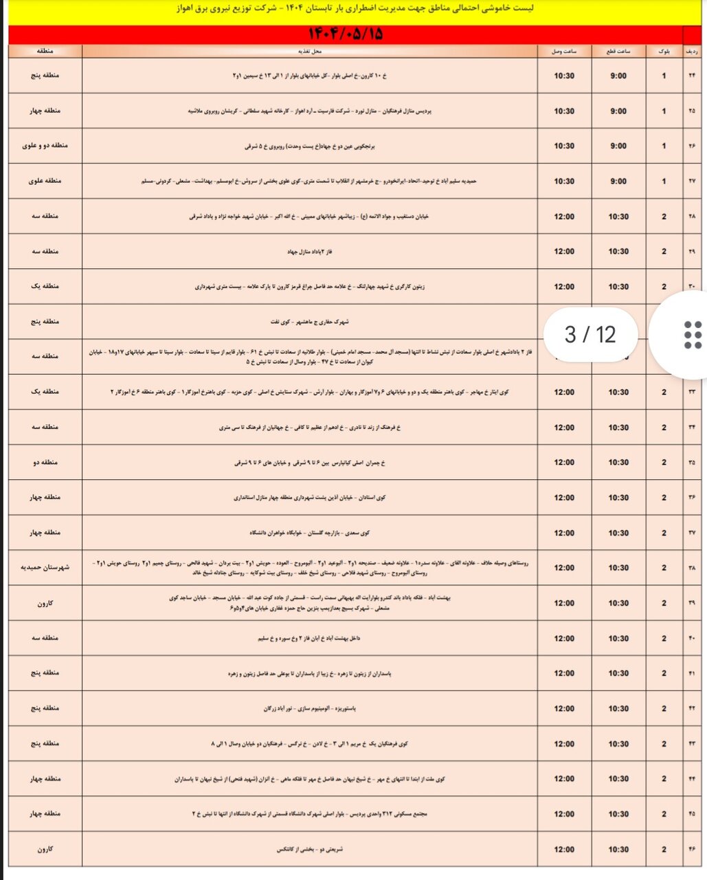 جدول خاموشی برق اهواز امروز چهارشنبه ۱۵ مرداد