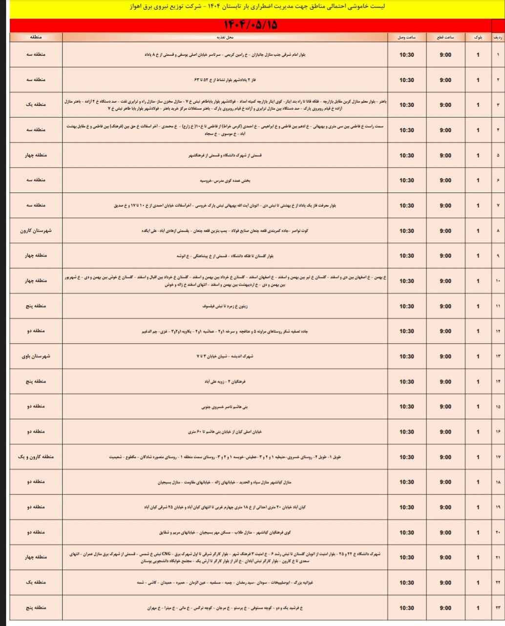 جدول خاموشی برق اهواز امروز چهارشنبه ۱۵ مرداد