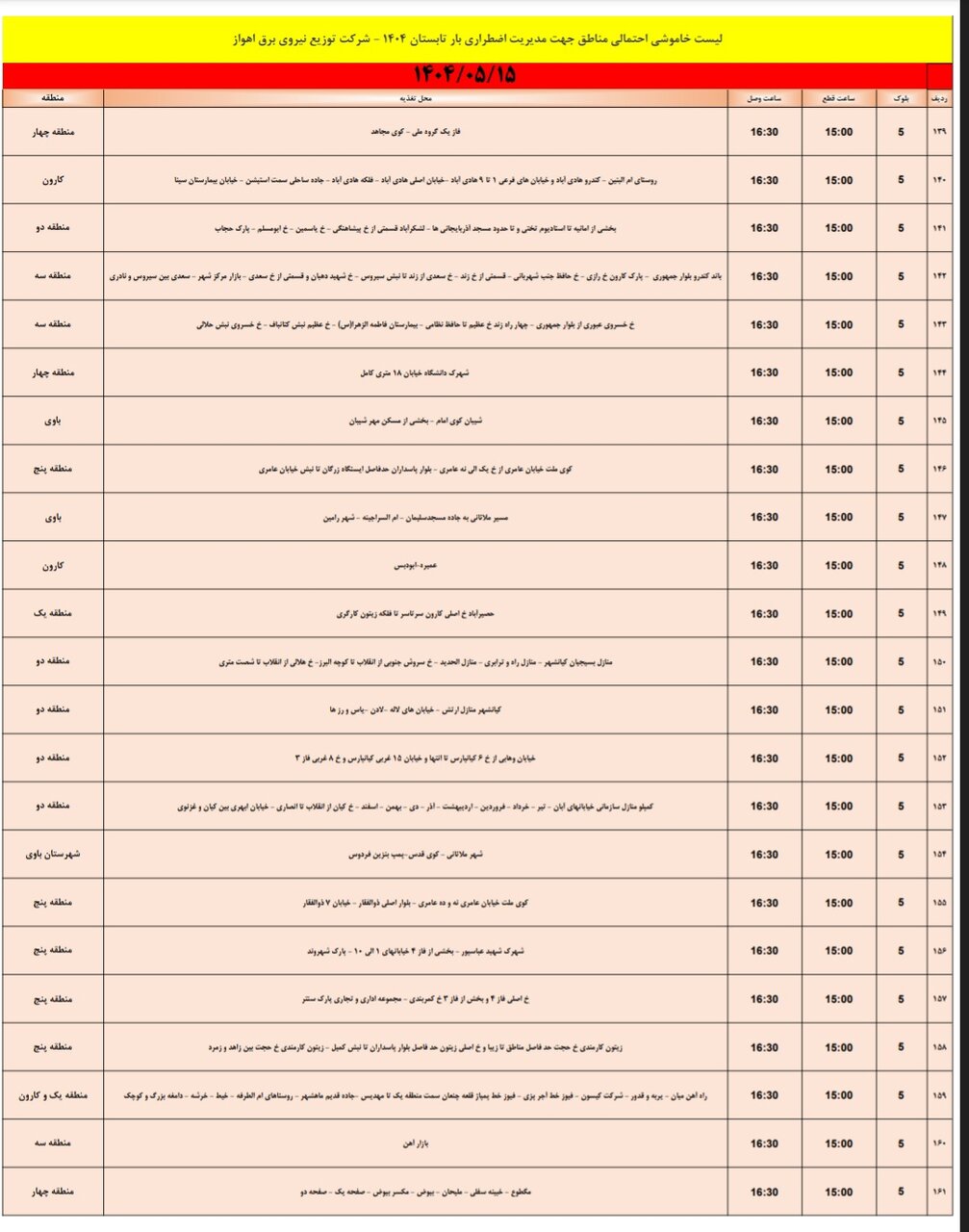 جدول خاموشی برق اهواز امروز چهارشنبه ۱۵ مرداد