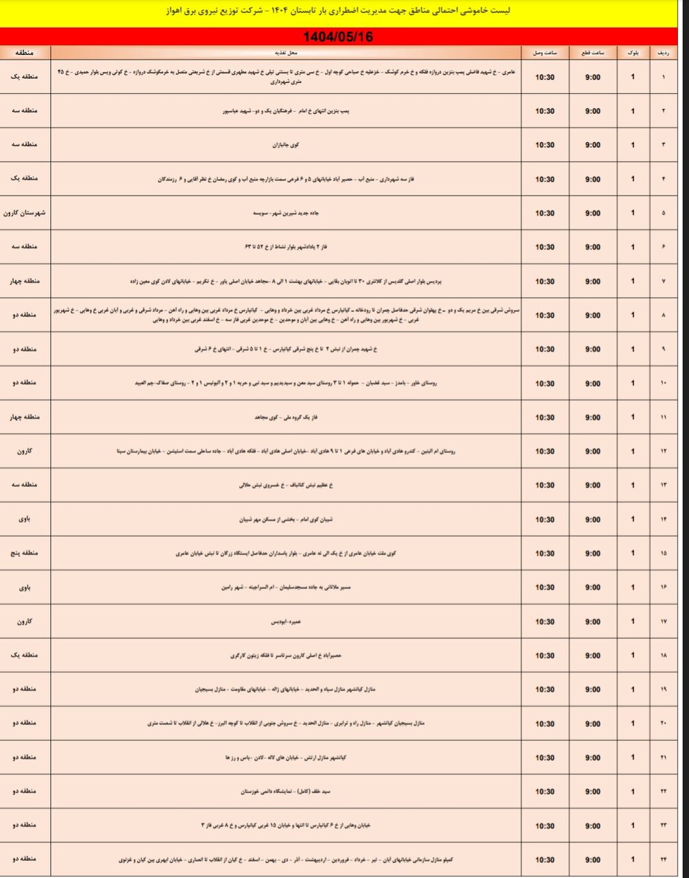 جدول خاموشی برق اهواز پنجشنبه ۱۶ مرداد ۱۴۰۴