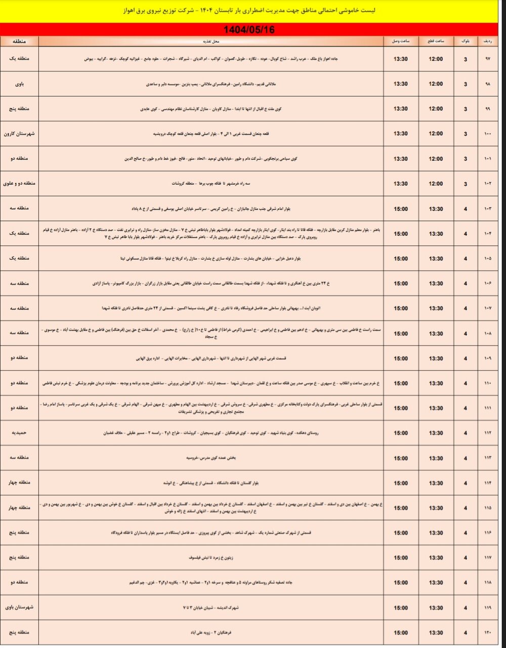 جدول خاموشی برق اهواز پنجشنبه ۱۶ مرداد ۱۴۰۴