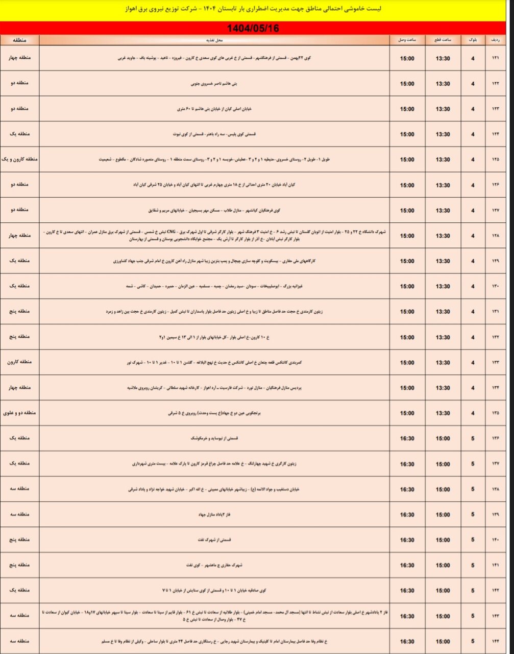 جدول خاموشی برق اهواز پنجشنبه ۱۶ مرداد ۱۴۰۴