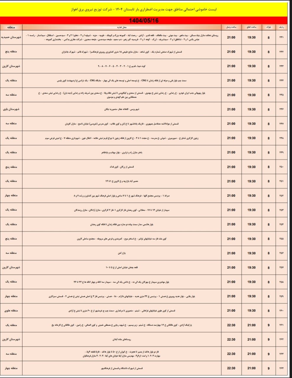 جدول خاموشی برق اهواز پنجشنبه ۱۶ مرداد ۱۴۰۴