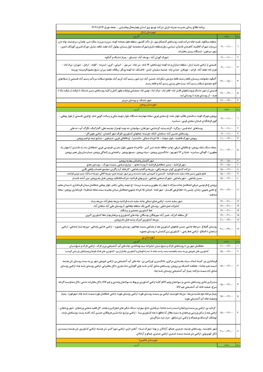 برنامه قطعی برق چهارمحال و بختیاری جمعه ۱۷ مرداد + جدول
