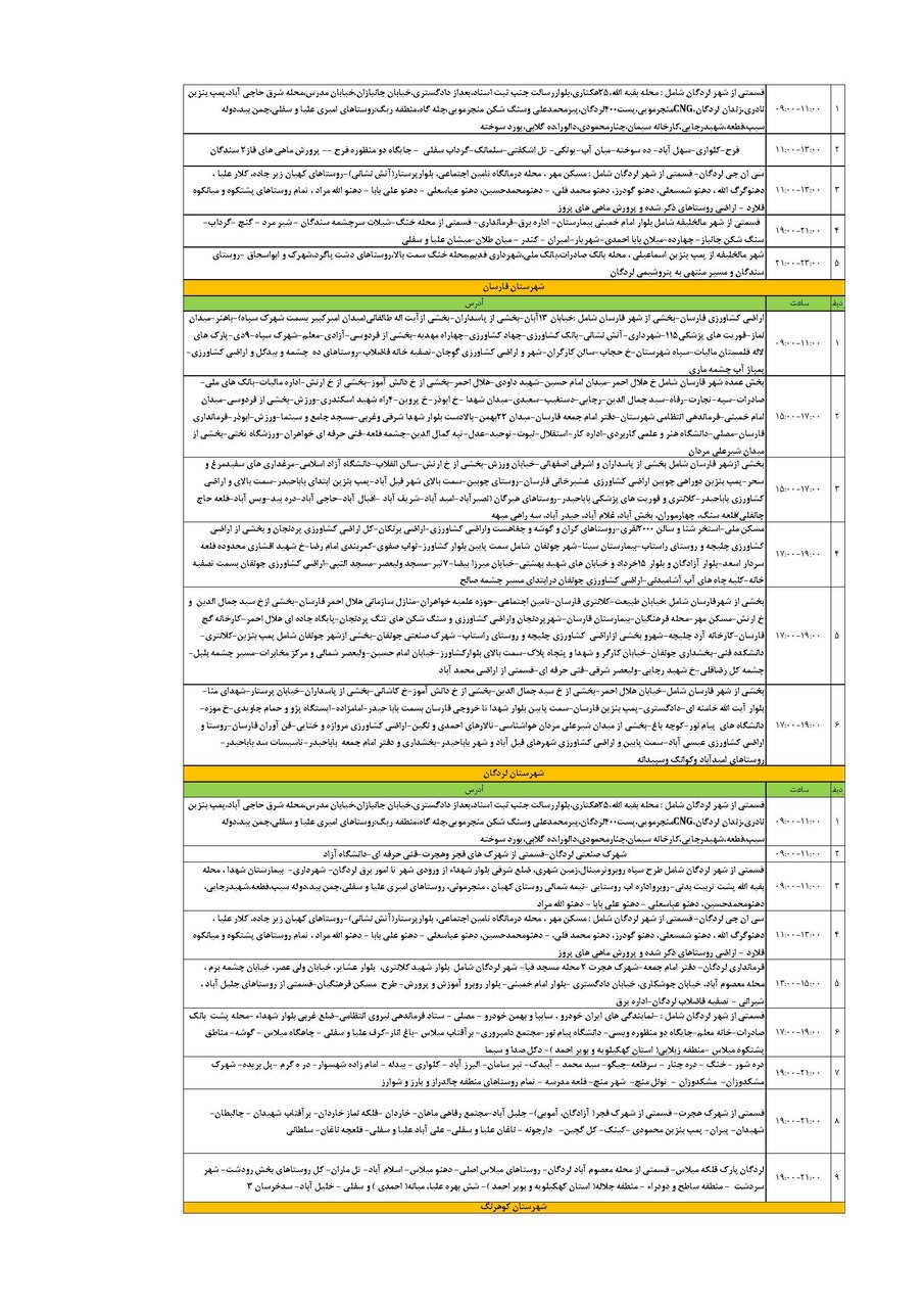 برنامه قطعی برق چهارمحال‌ و بختیاری‌ شنبه ۱۸ مرداد + جدول