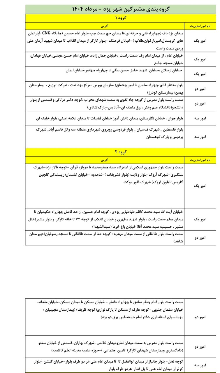 برنامه زمان‌بندی خاموشی برق یزد شنبه ۱۸ مرداد ۱۴۰۴ / گروه‌بندی جدید قطعی برق یزد منتشر شد