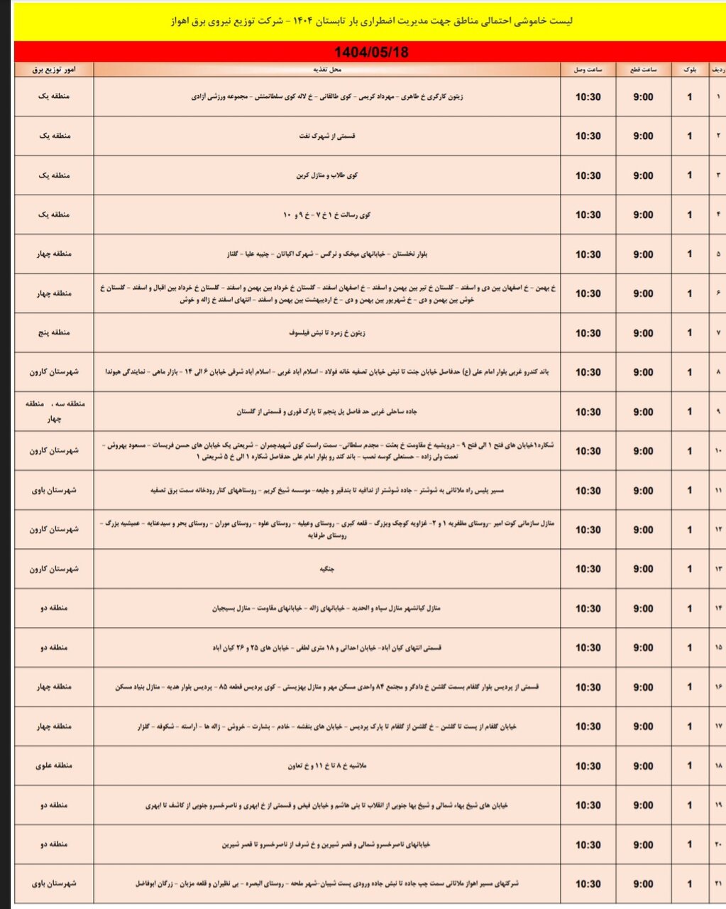 جدول خاموشی برق اهواز شنبه ۱۸ مرداد