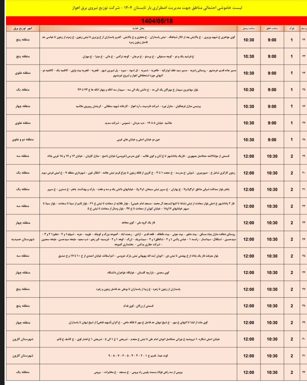 جدول خاموشی برق اهواز شنبه ۱۸ مرداد