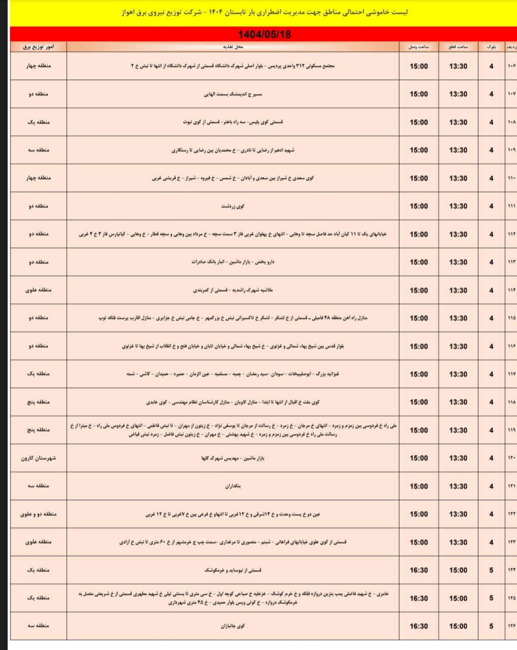 جدول خاموشی برق اهواز شنبه ۱۸ مرداد