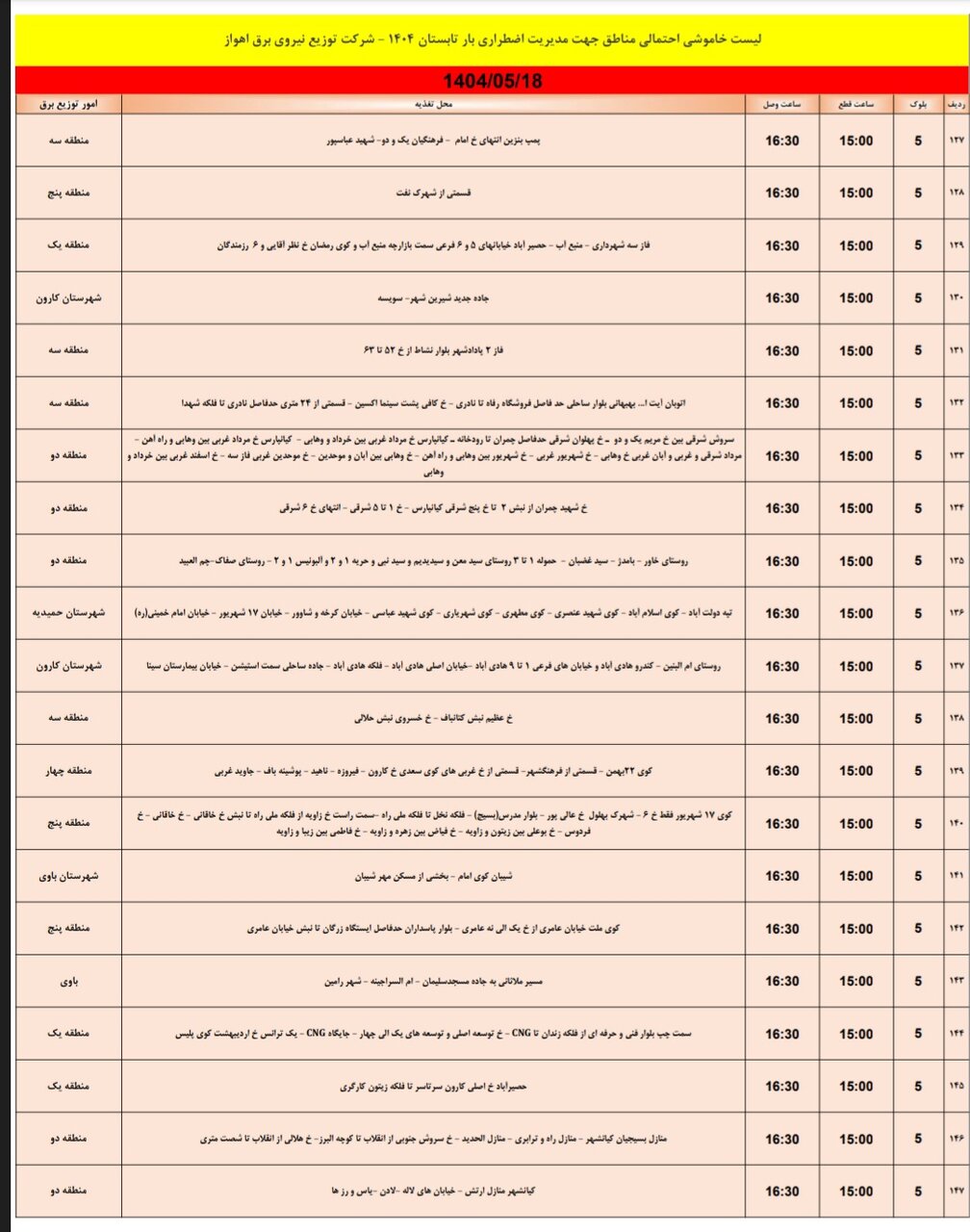 جدول خاموشی برق اهواز شنبه ۱۸ مرداد