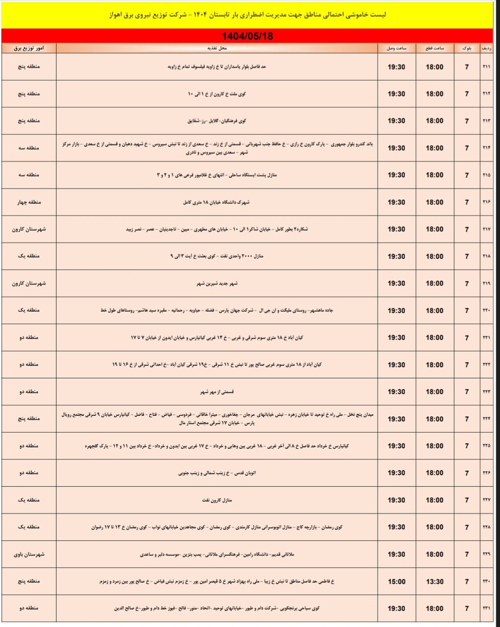 جدول خاموشی برق اهواز شنبه ۱۸ مرداد