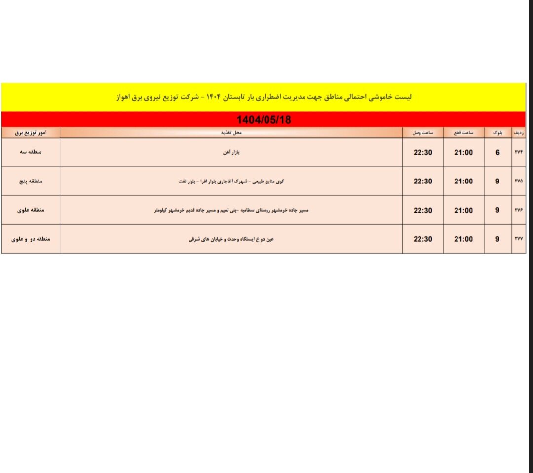جدول خاموشی برق اهواز شنبه ۱۸ مرداد