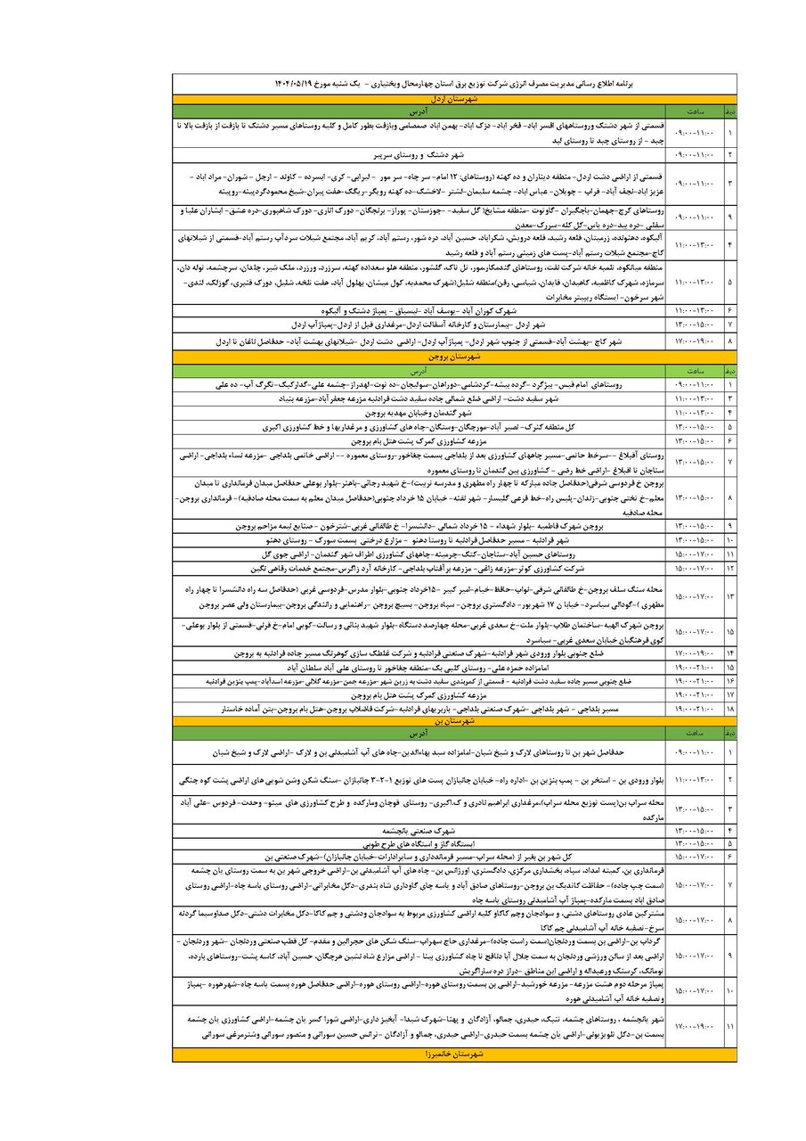 برنامه قطعی برق چهارمحال و بختیاری یکشنبه ۱۹ مرداد + جدول